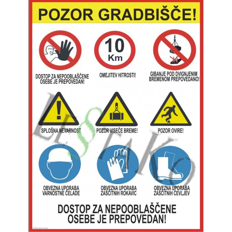 🚧 Construction site safety sign with visual warnings